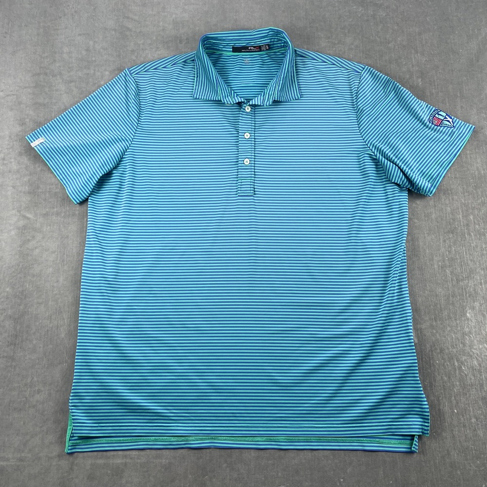 RLX Ralph Lauren Mens XL Dalhousie Blue Green Striped Golf Polo Shirt